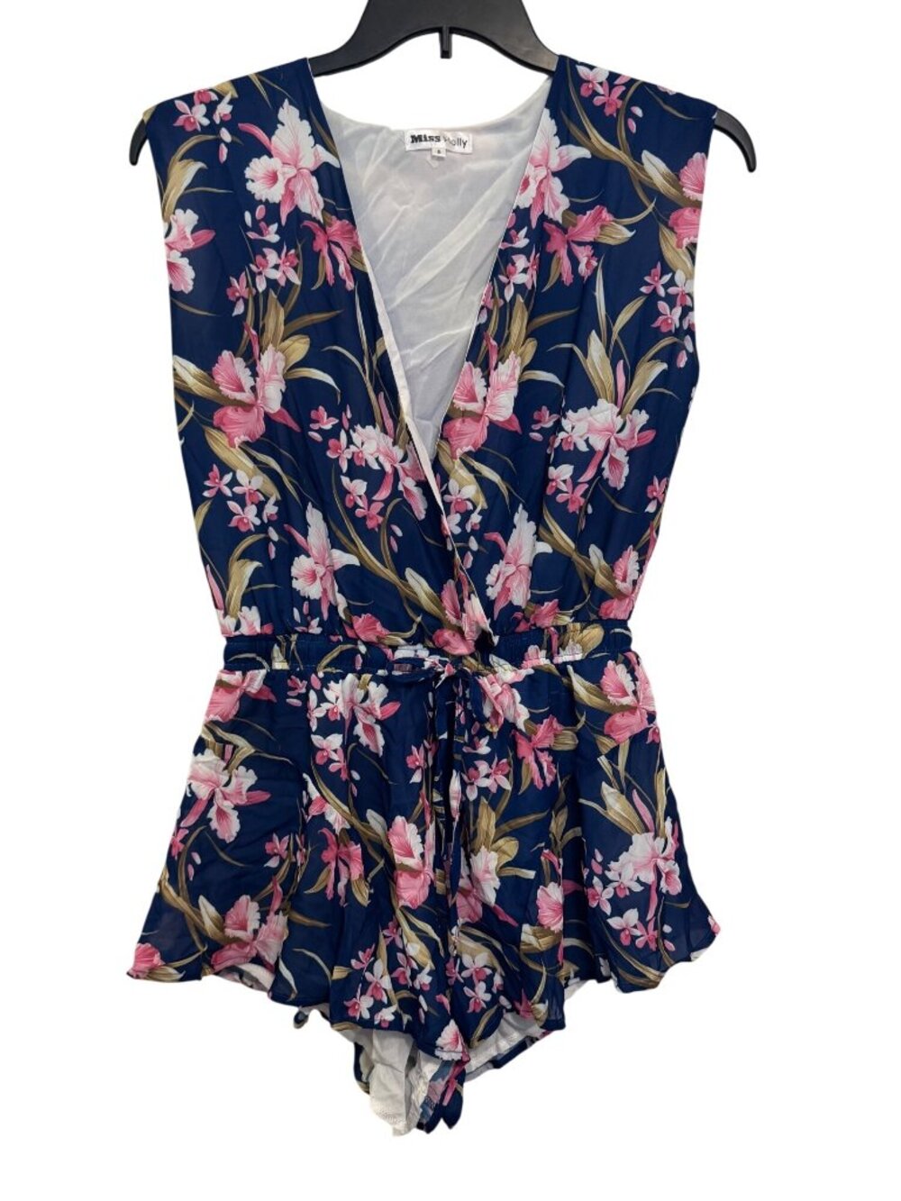Miss Holly Navy Floral Sleeveless Romper With Tie Waist & Lined Shorts - Small